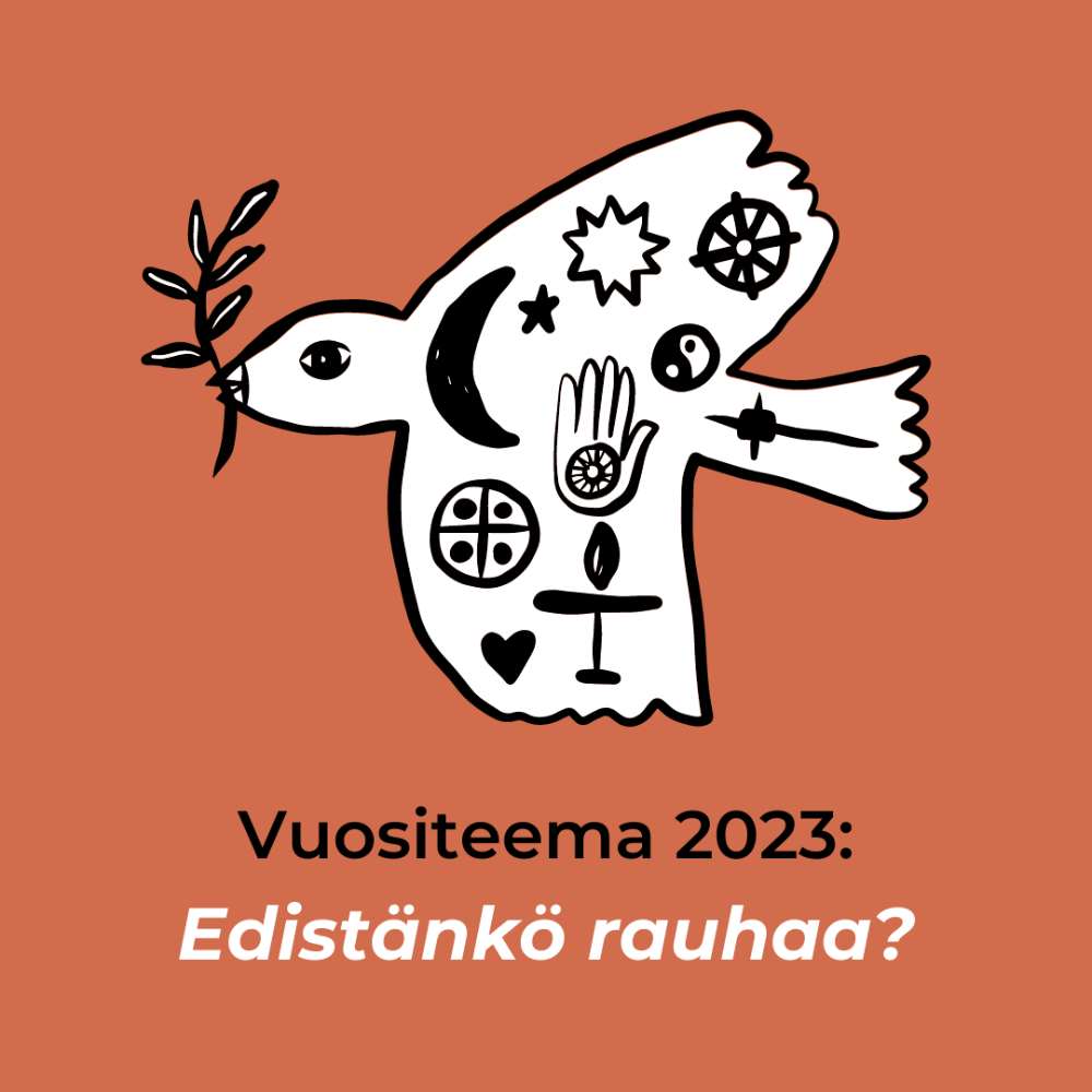 Rauhankyyhky piirrettynä, jonka sisällä erilaisia uskontojen symboleita. Tekstinä: Vuositeema 2023: Edistänkö rauhaa?