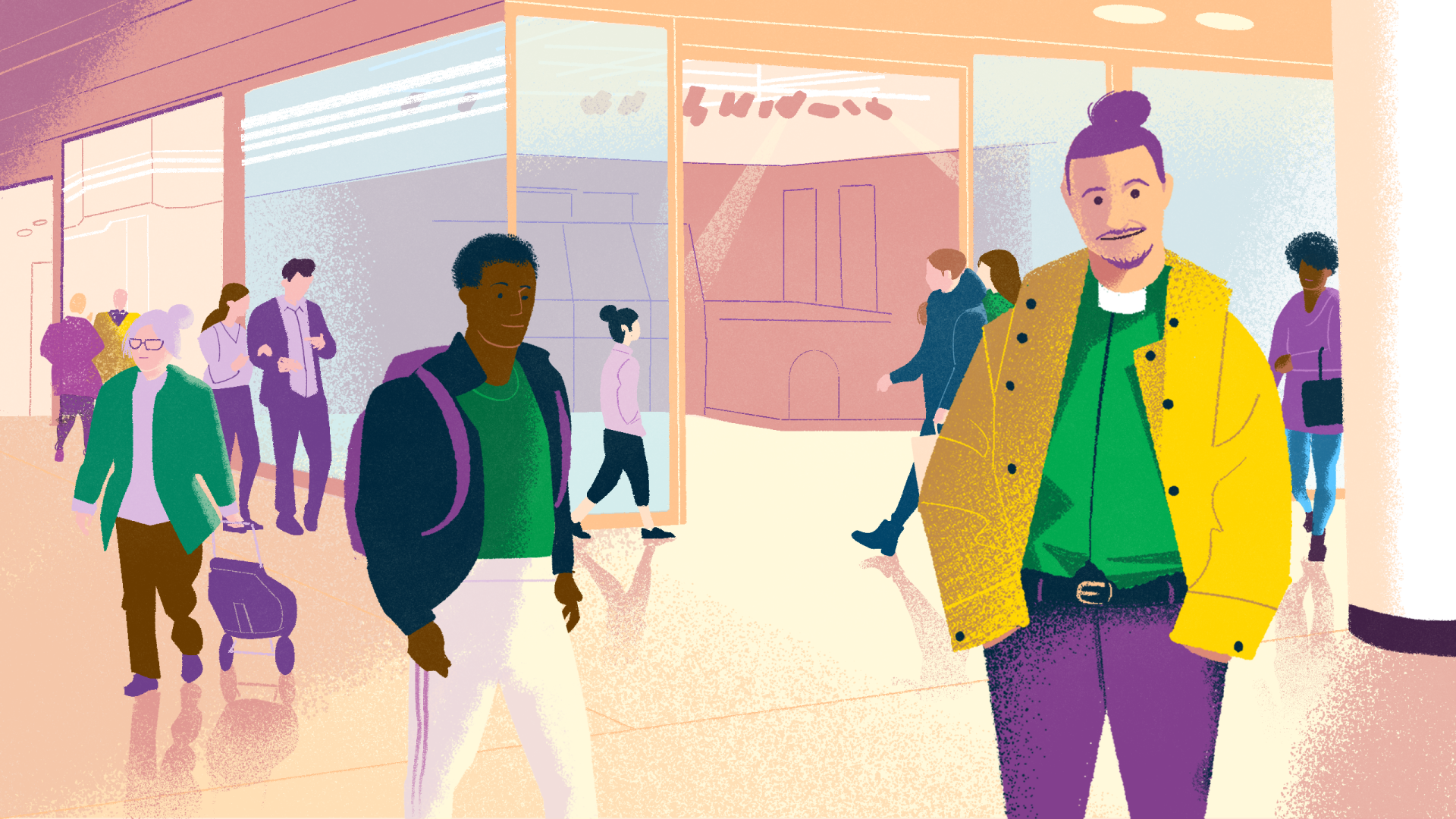 Tecknad bild av människor som rör sig i köpcenter, i förgrunden en man i grön diakonskjorta, gul jacka och håret i knut.