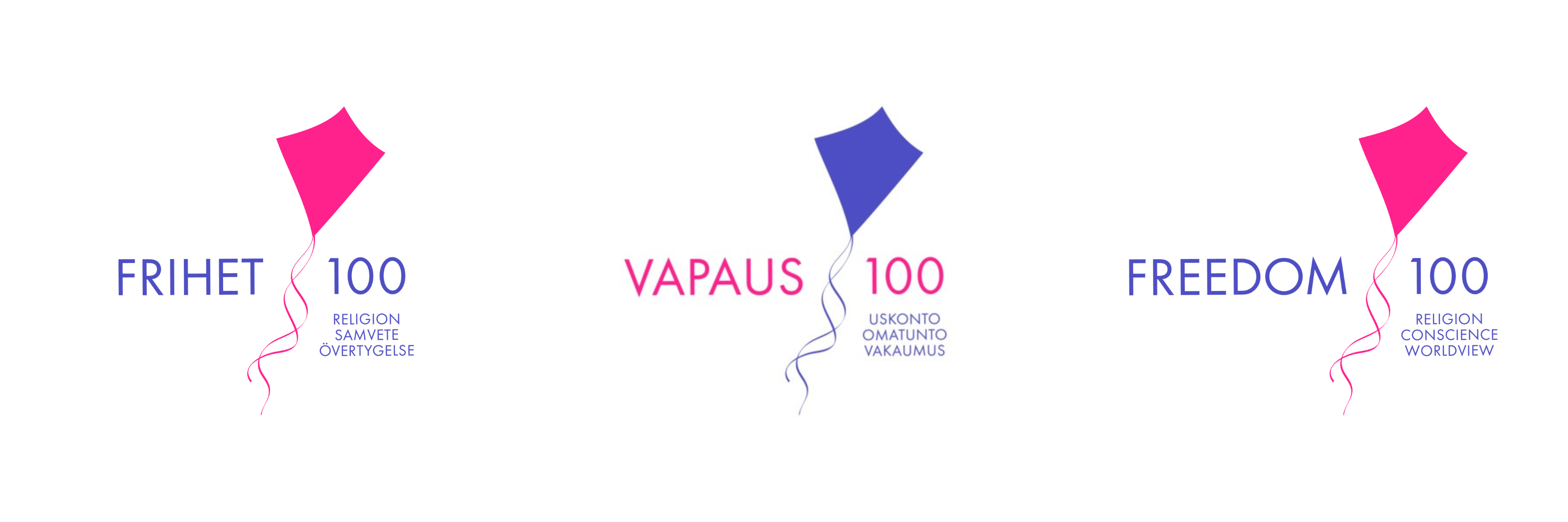 Jubileumsårets logo med drakar i rosa och lila, texten Frihet 100, Vapaus 100, Freedom 100.