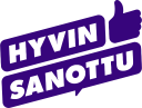 Hyvin sanottu -logo kirjoitettuna, valkoiset kirjaimet lilalla pohjalla.