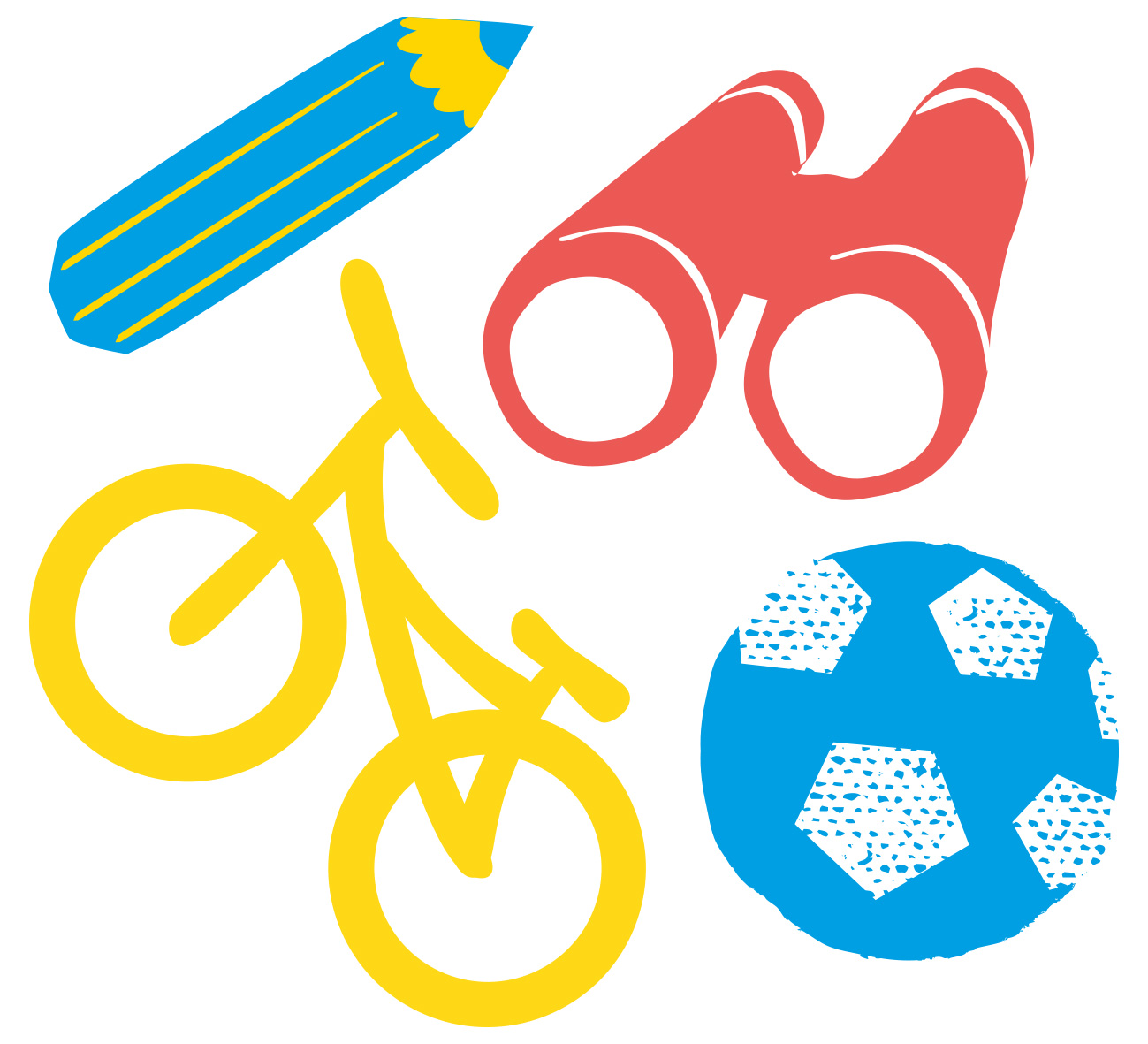 Stiliserad penna, cykel, kikare och fotboll.