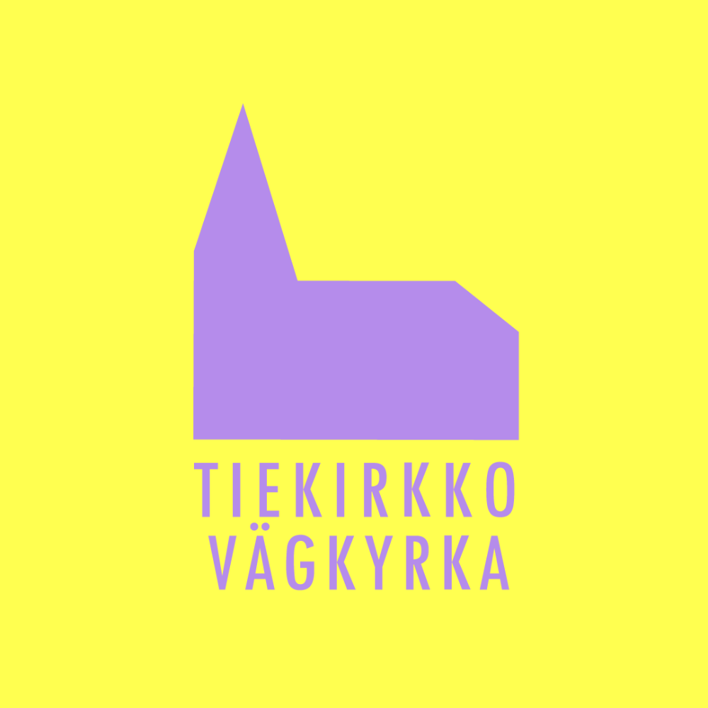 Keltaisella pohjalla lila tiekirkon profiilikuva ja teksti Tiekirkko, Vägkyrka.