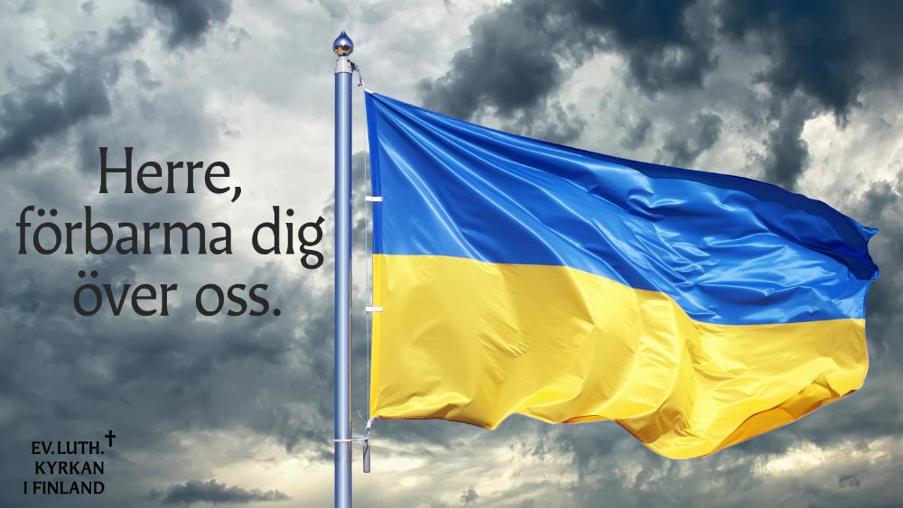 Ukrainas flagga mot grå himmel med texten Herre förbarma dig