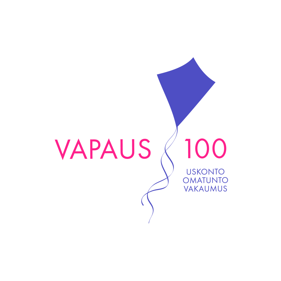 Vapaus 100 uskonto, omatunto, vakaumus -teksti valkoisella pohjalla. Kuvassa myös pinkinvärinen piirretty leija.