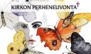 Kirkon perheneuvonta -logo. Piirroskuvassa kasvot ja perhosia.