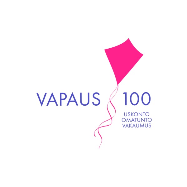 Vapaus 100 uskonto, omatunto, vakaumus -teksti valkoisella pohjalla. Kuvassa myös pinkinvärinen piirretty leija.