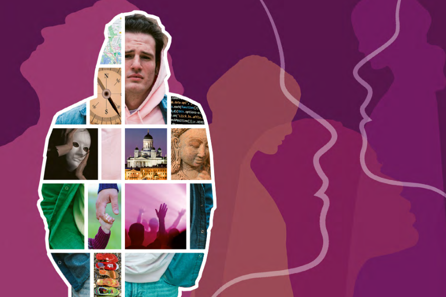 En människas profil fylld med olika bilder mot en lila bakgrund med profiler av människor.