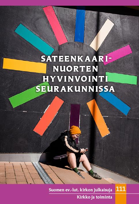 Kuvassa kirjan kansikuva, jossa nuori istuu katsoen puhelinta seinän edessä, jossa eri värisiä palkkeja ympyrän muodossa.