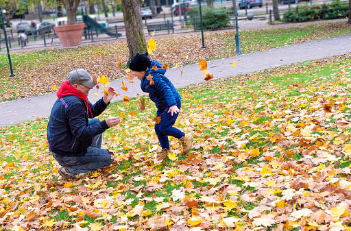 Aikuinen ja lapsi puistossa. Maassa paljon puista pudonneita vaahteranlehtiä.