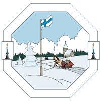 Piirroskuva, jossa näkyy lippusalossa oleva Suomen lippu, hevosvaljakko ja taustalla kirkko. Reunuksessa on kuvattu kaksi palavaa sinivalkoista kynttilää. 