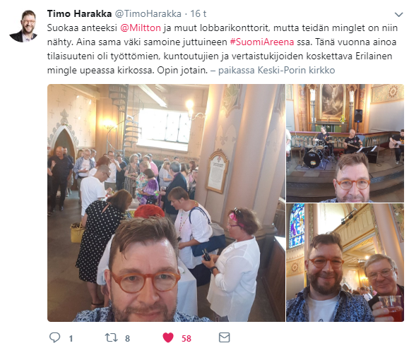 Kansanedustaja, toimittaja Timo Harakan twiitti Eriminglestä