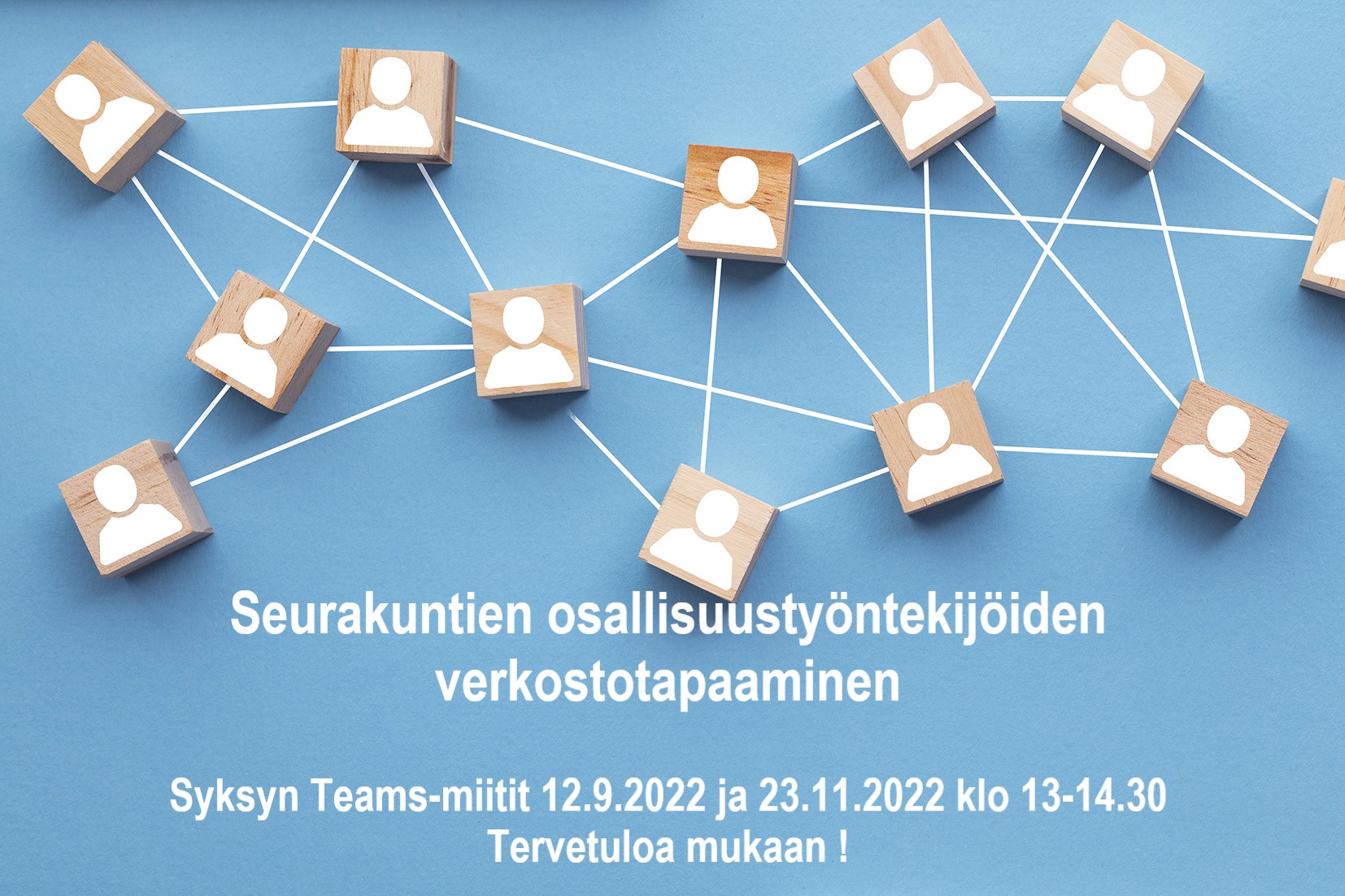 Seurakuntien osallisuustyön verkostotapaamiset neljä kertaa vuodessa Teams-alustalla. Ilmoittaudu mukaan sähköpostitse sirpa.syrja@evl.fi