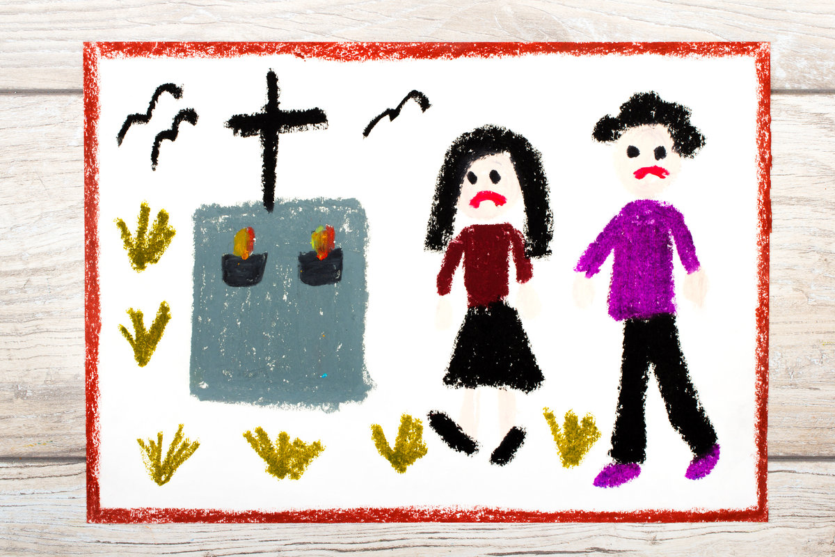 Teckning av barn, ett par står vid kista