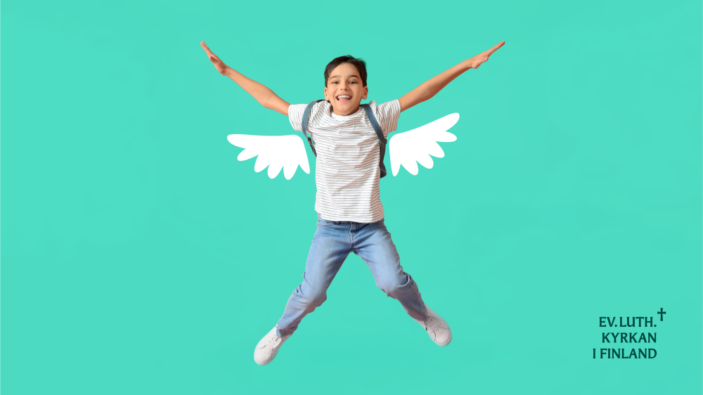 Glad pojke hoppar med tecknade vingar på turkos bakgrund.