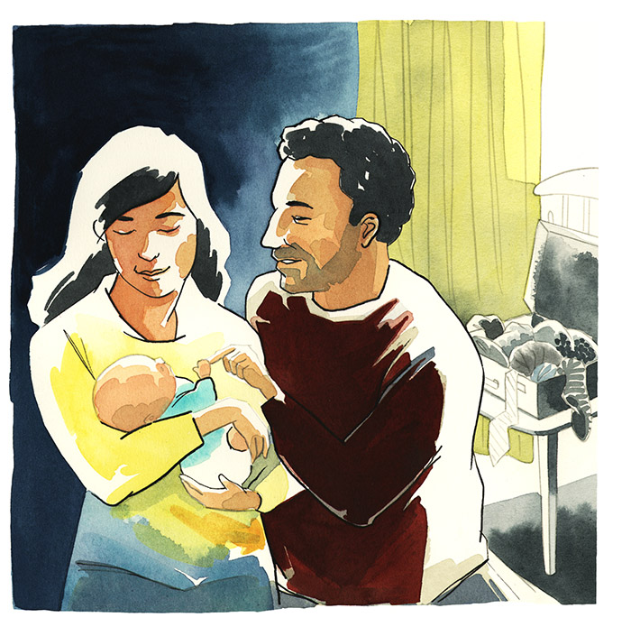 Maria och Josef med sin nyfödda son och en öppen kappsäck i bakgrunden.