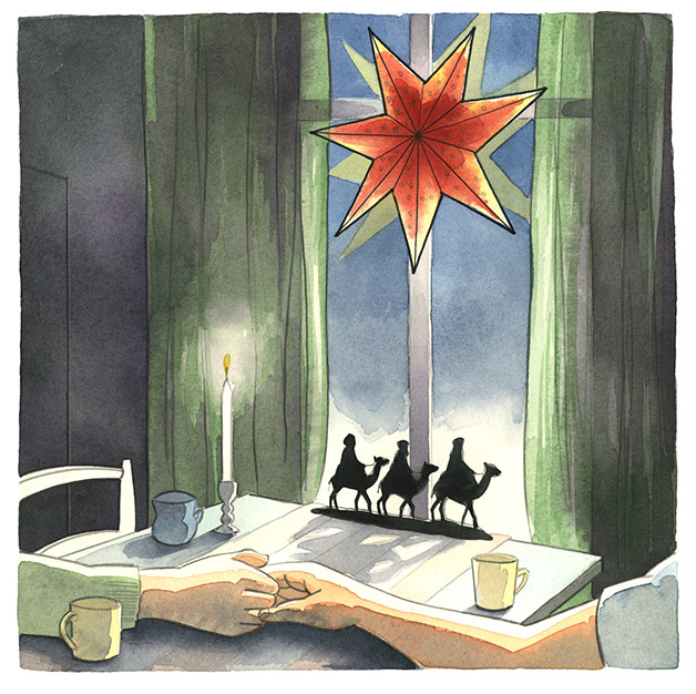 Josef och Maria håller varandras händer över köksbordet. Julstjärna och träfigur med tre vise män i fönstret.