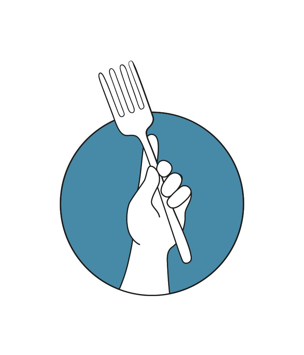 Blå cirkel med en hand som håller en gaffel.