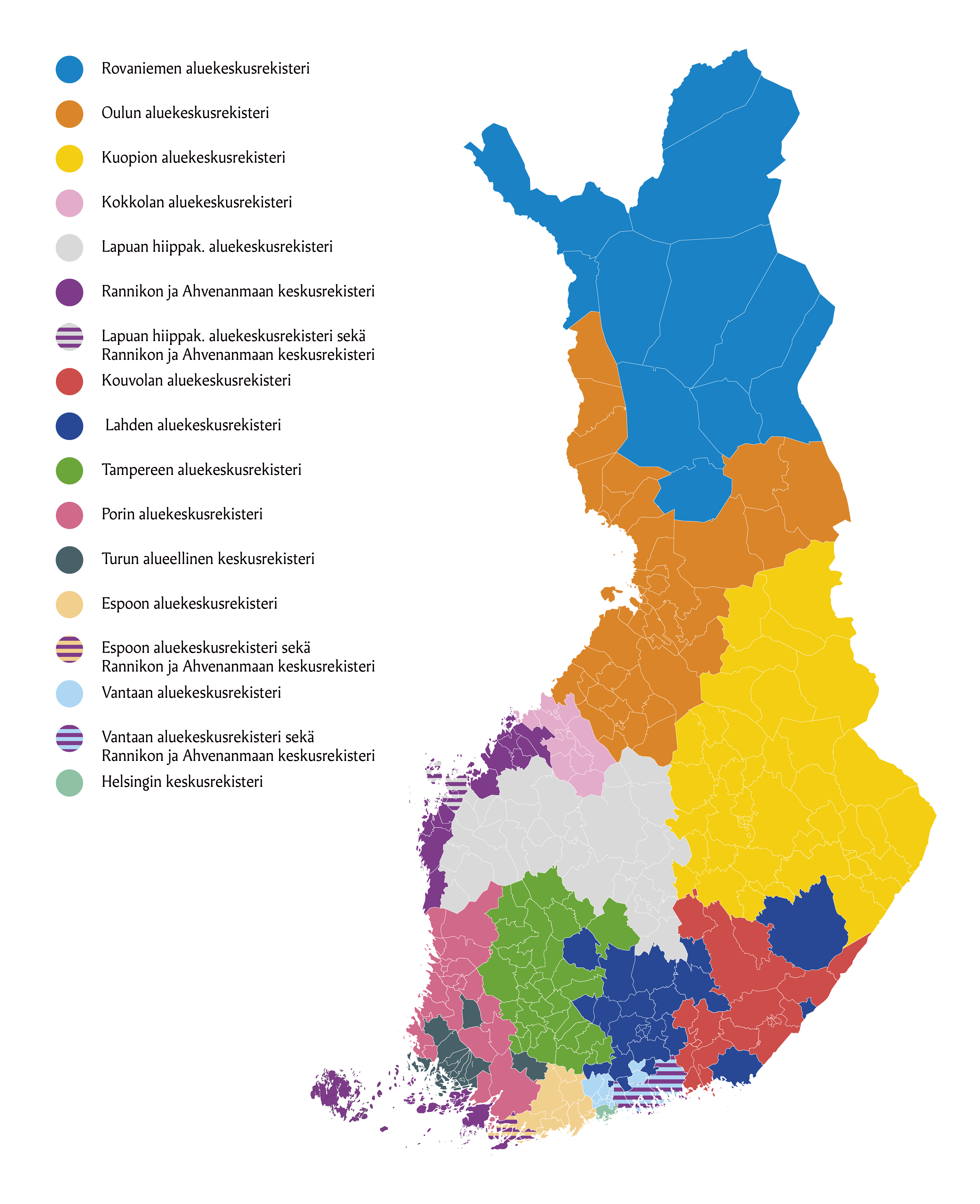 Aluekeskusrekisterit Suomen kartalla. Vastaavat tiedot löytyvät kuvan alla olevasta taulukosta.
