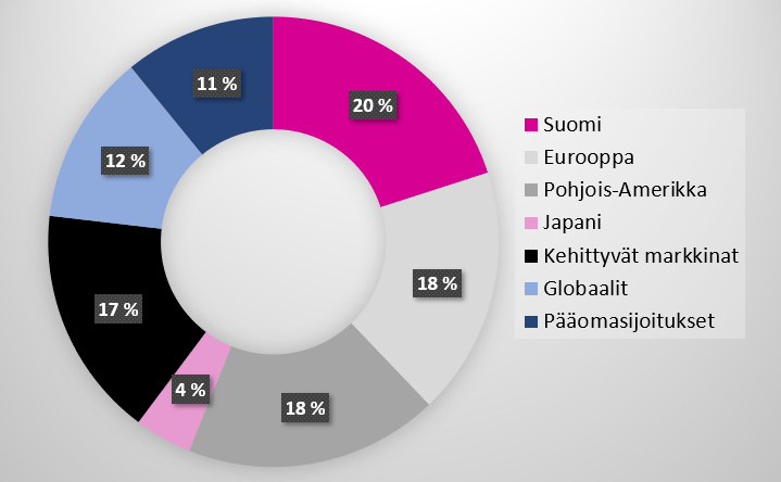 Suomi 20 %, Eurooppa 18 %, Pohjois-Amerikka 18 %, Japani 4 %, Kehittyvät markkinat 17 %, Globaalit 12 % ja pääomasijoitukset 11 %.