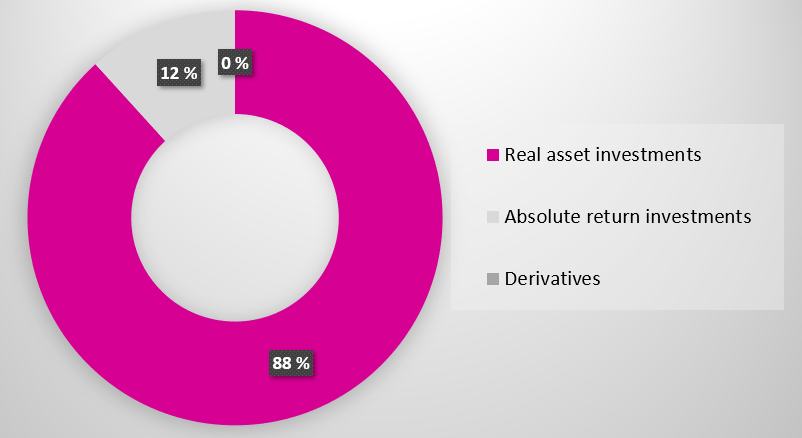 Real asset investments 88%, Absolute return 12%, and Derivatives 0%.