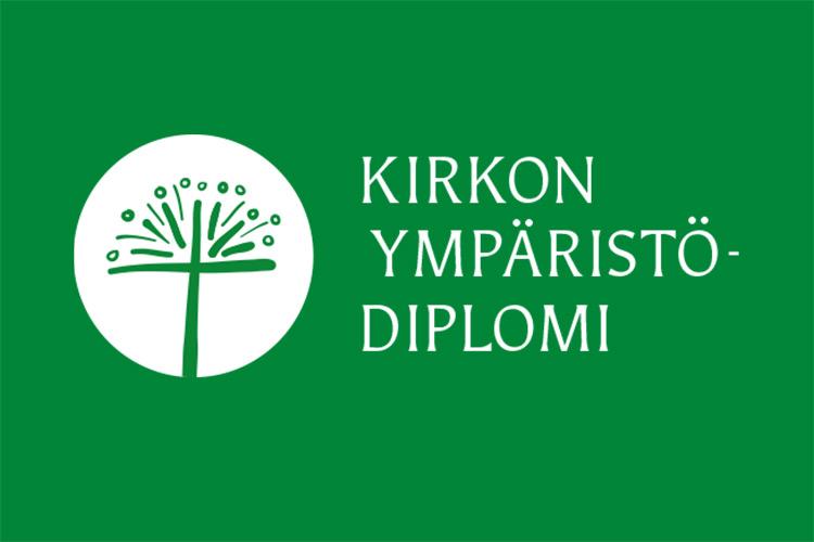 Tunnus, jossa on ympyrän sisällä tyylitelty voikukka sekä teksti Kirkon ympäristödiplomi.