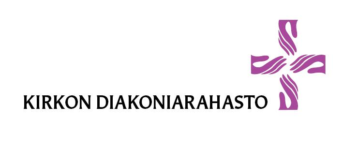 Kirkon diakoniarahaston logo, jossa teksti Kirkon diakoniarahasto ja violetti risti.