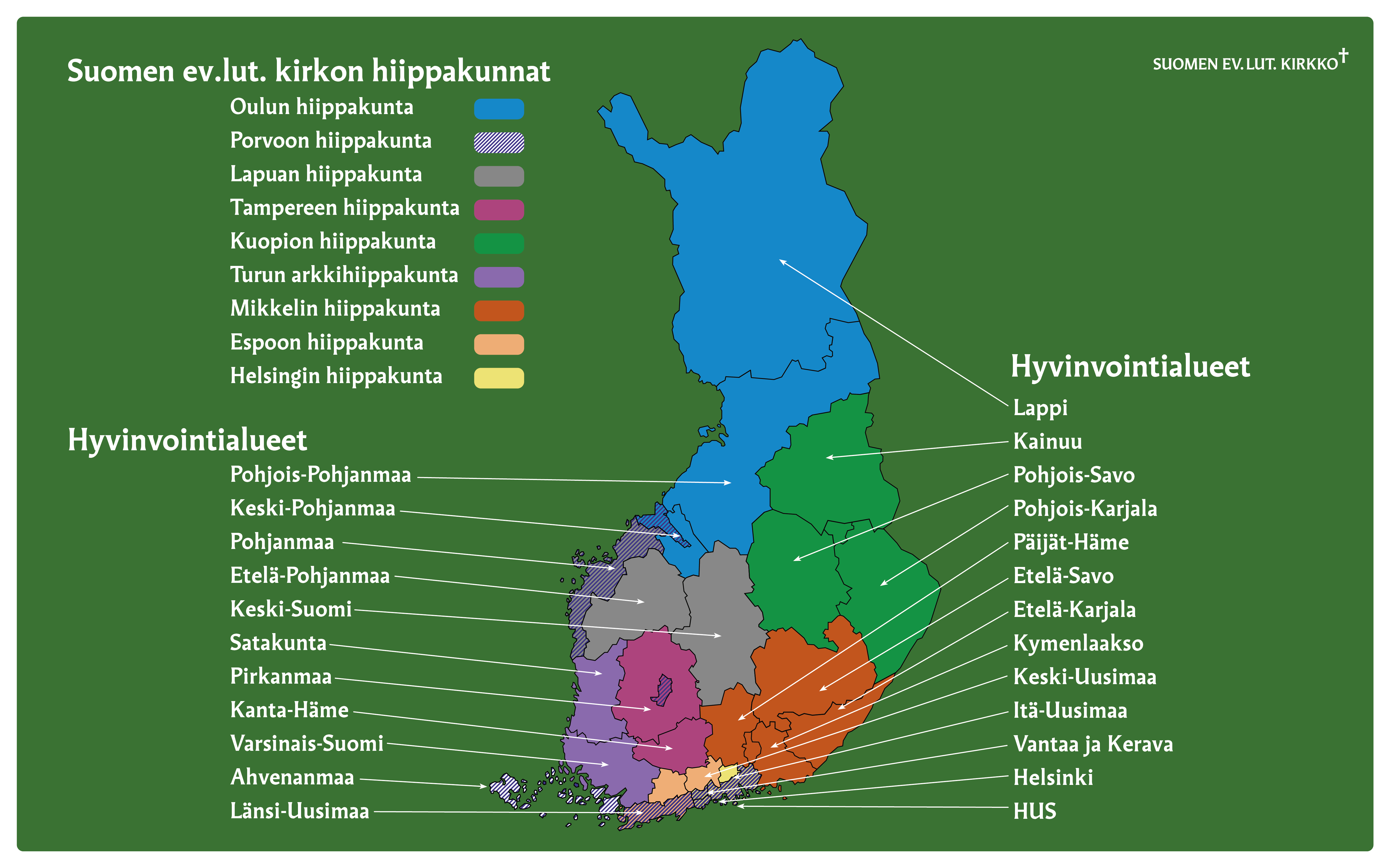 Hyvinvoitalueet ja hiippakunnat Suomen kartalla.