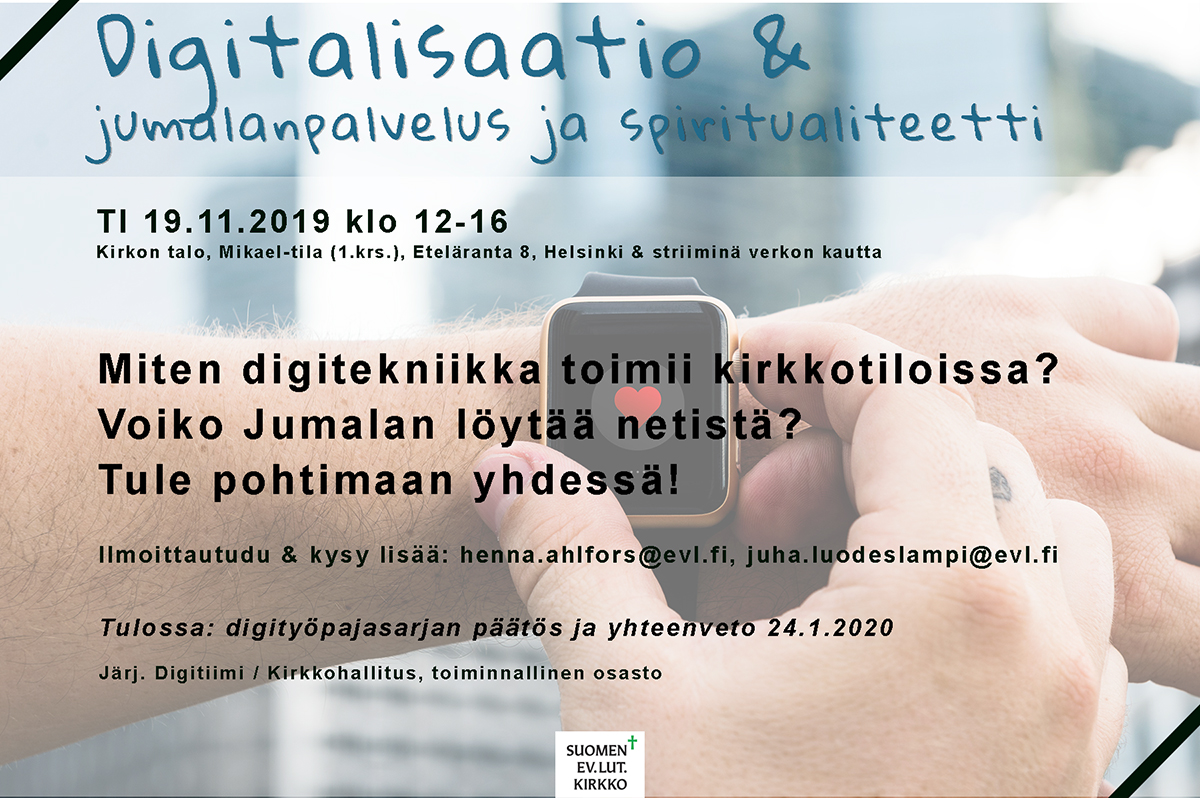 Digitalisaatio ja jumalanpalveluselämä -koulutustapahtuman mainosflyer