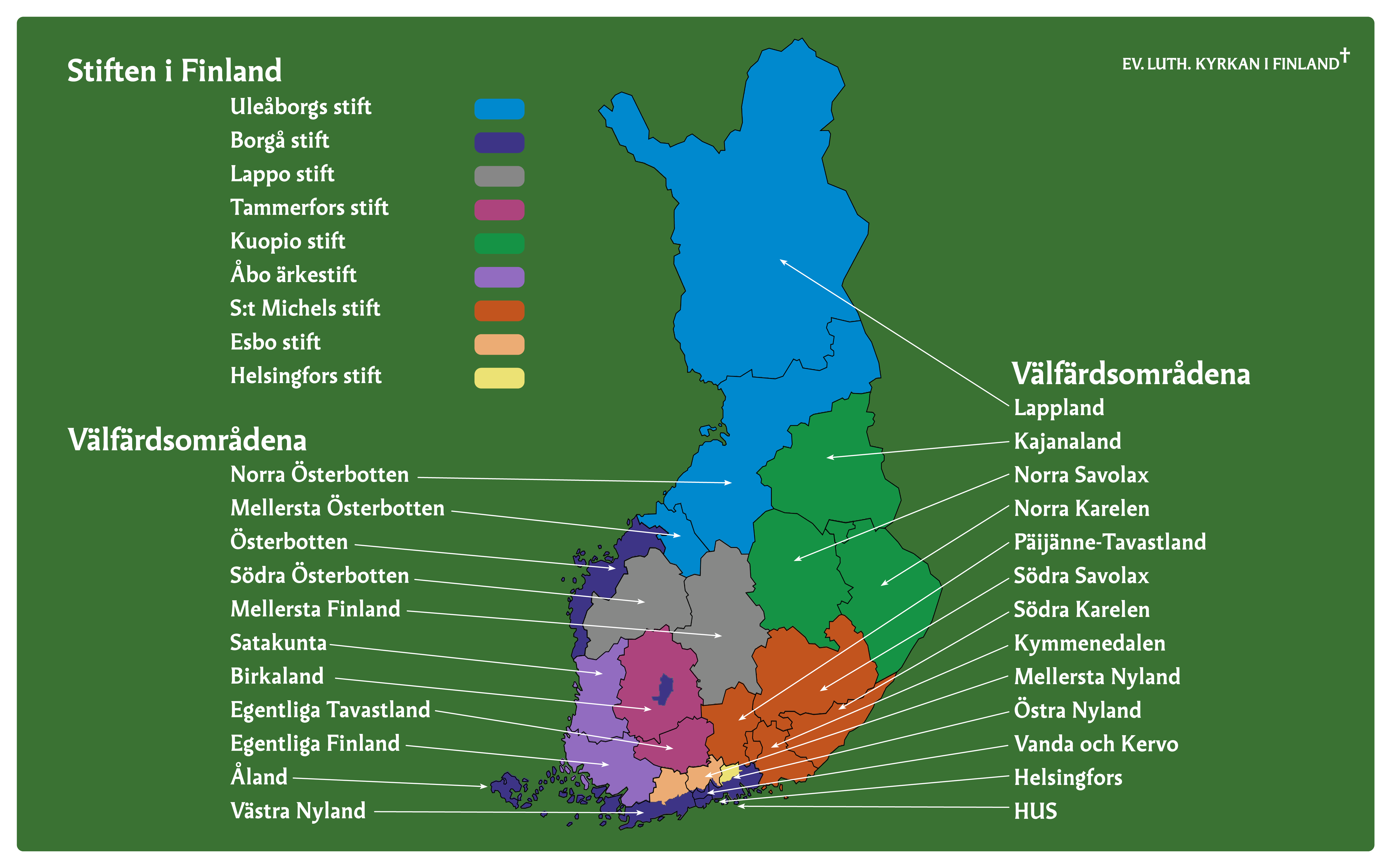 Finlandskarta som markerar gränserna för Evangelisk-lutherska kyrkans stift och välfärdsområdena.