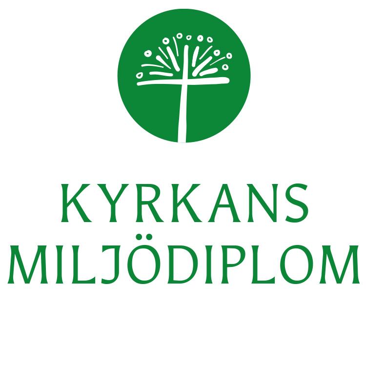 Logo med en stiliserad maskros i en cirkel och texten Kyrkans miljödiplom.