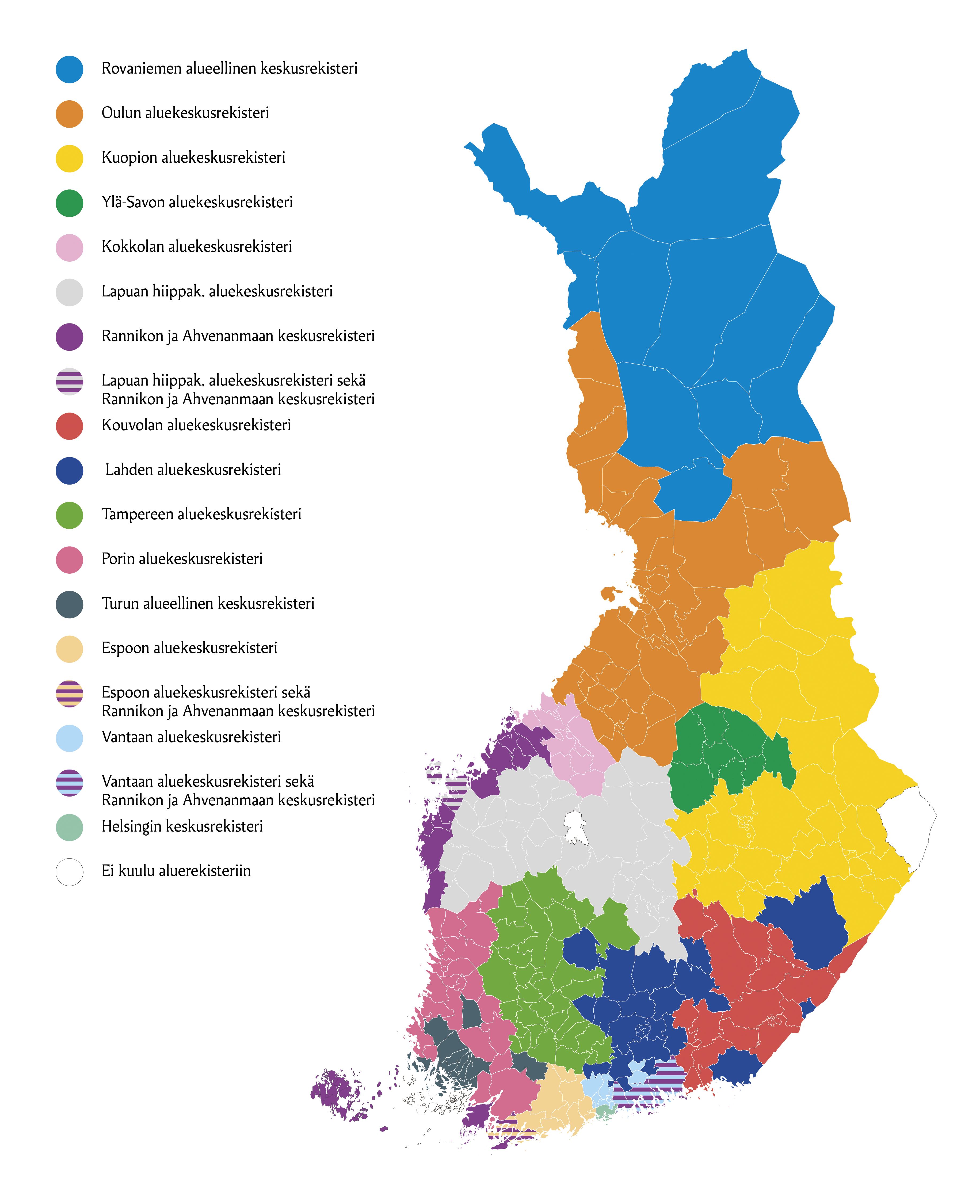 Aluekeskusrekisterit piirrettynä suomen kartalle. Vastaavat tiedot löytyvät tekstimuodossa alla olevasta tiedostosta.