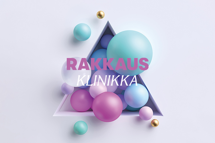 Rakkausklinikka-teksti kirkasvärisellä taustalla