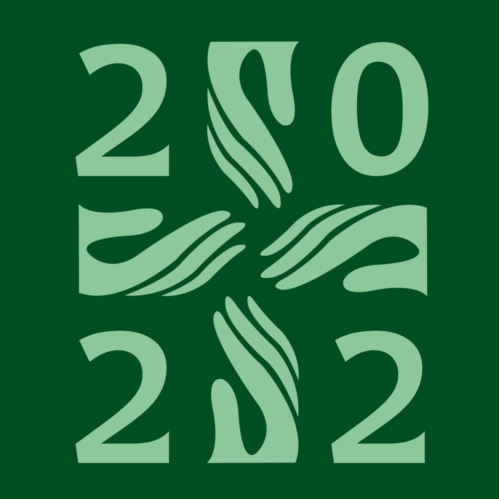 Vihreällä taustalla luku 2022 sommitellusti niin, että numerot nurkissa. Numeroiden välissä piirretyt kädet muodostavat ristin. 