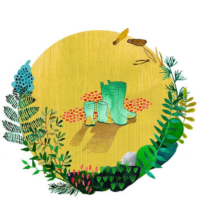 Logobild med två par gummistövlat i mitten och växter på imramning