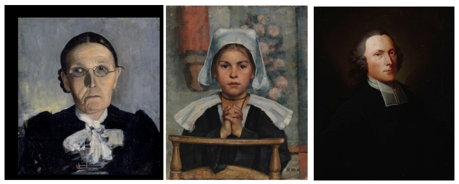 Kuvakollaasi vanhoista maalauksista, joissa on vanha nainen, nuori nainen ja vanha mies.