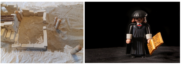 Kahden kuvan kollaasi, jossa on hiekkalaatikko ja puuleluja sekä Martti Luthern Playmobil-leluhahmona.