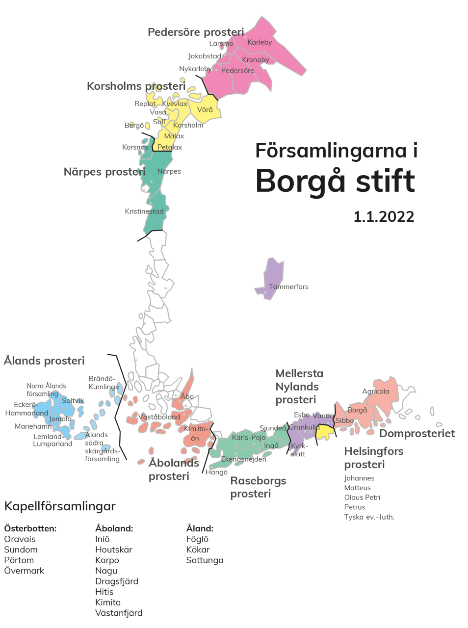 Karta över församlingarna i Borgå stift 1.1.2022.