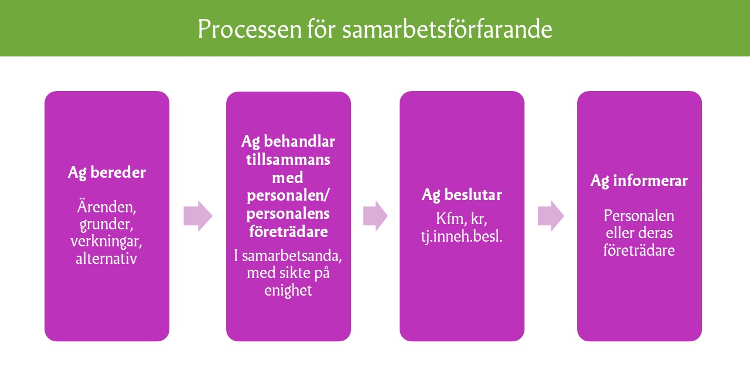 Arbetsgivaren bereder, arbetsgivaren behandlar tillsammans med personalen, arbetsgivaren beslutar, arbetsgivaren informerar personalen.