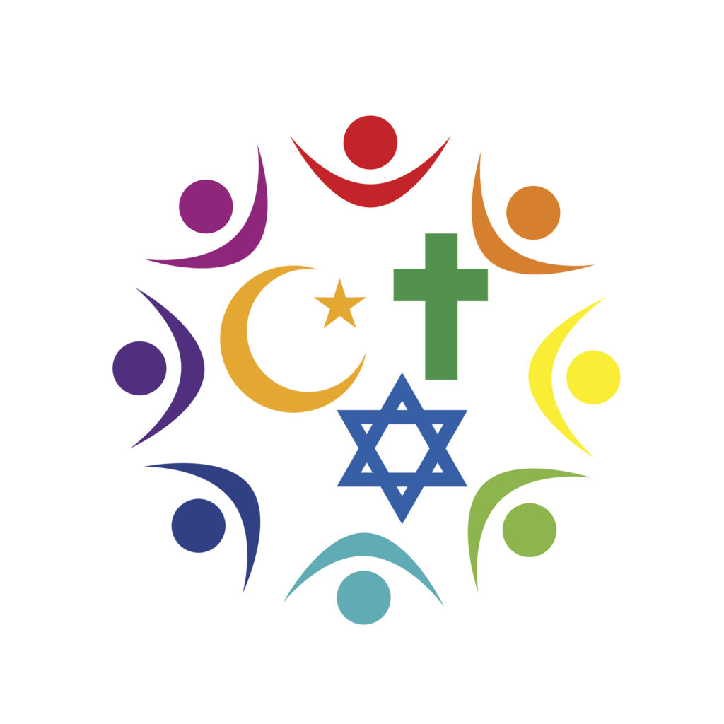 Kuvituskuva - piirros, jossa eriväriset ihmishahmot ympyrässä, keskellä uskonnollisia symboleja