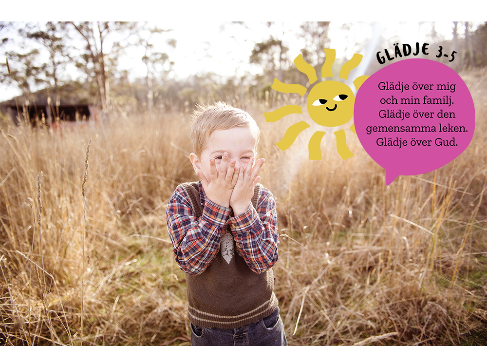 Ett barn med händerna framför ansiktet i bakgrunden ett sädesfält. I höger hörn en pratbubbla och en sol.