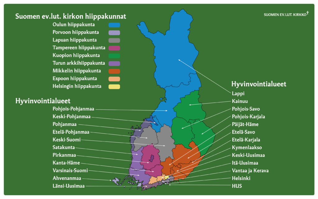 Hiippakunnat ja hyvinvointialueet Suomen kartalla.