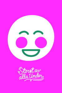 Ett runt ansikte med röda kinder. Bakgrunden pink.