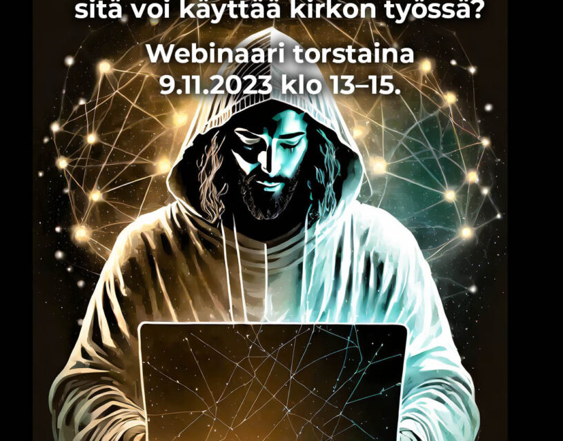 Tekoäly kirkossa. Huppariin pukeutunut Jeesus kirjoittaa tietokoneella.