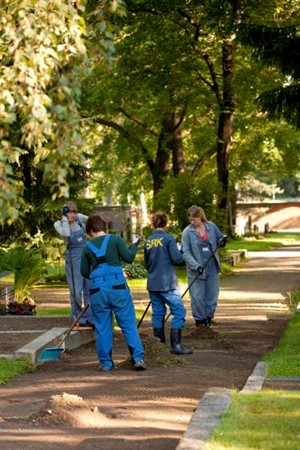 Nuoret työskelentelvät puutarhatyössä hautausmaalla.