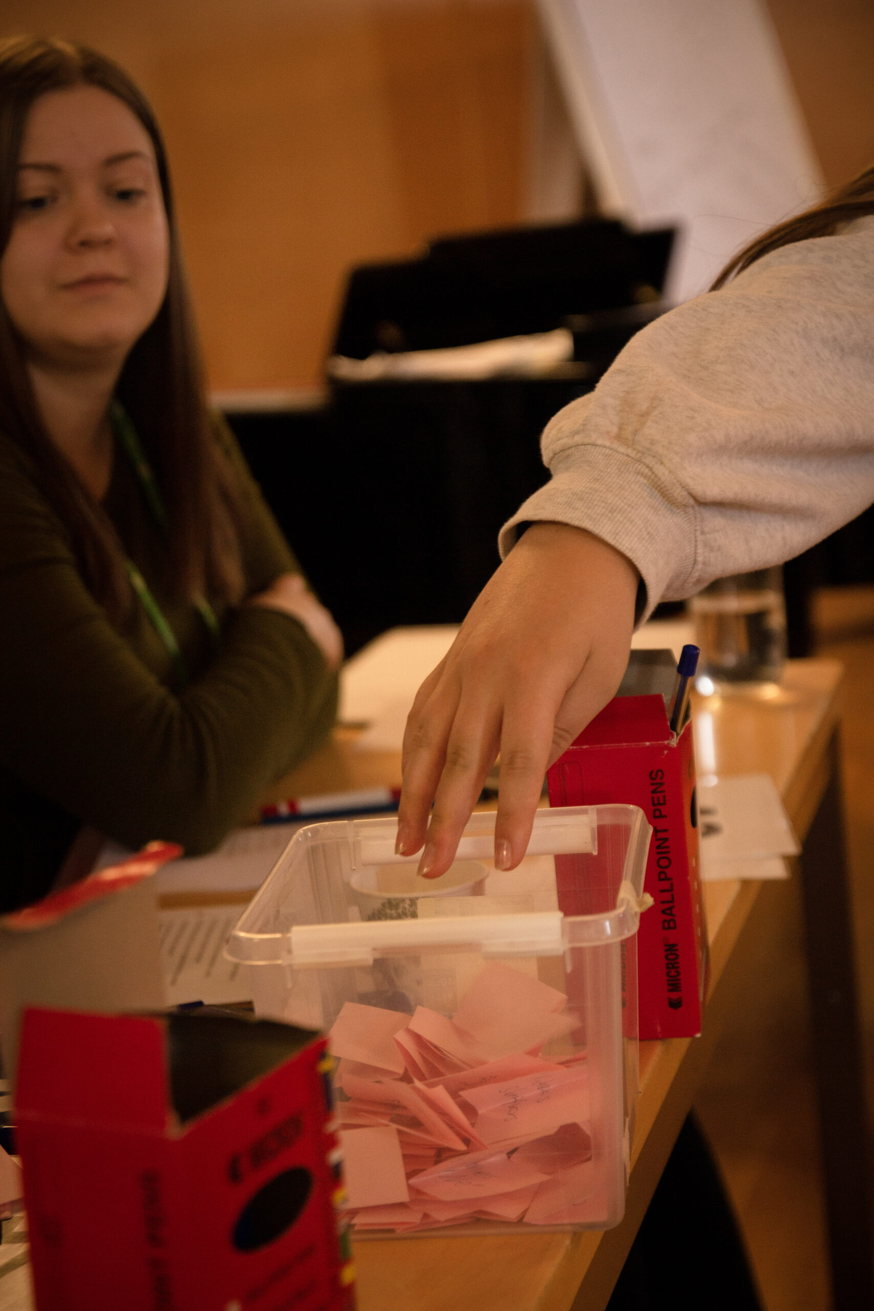 En hand lägger en rosa röstsedel i en plastlåda.