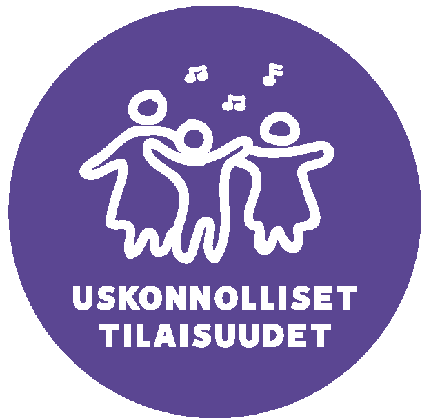 Teksti uskonnolliset tilaisuudet ja kolme piirrettyä ihmistä laulamassa. Violetti piirroskuva.