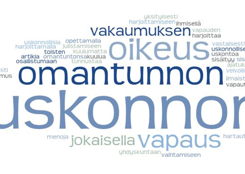 Kuvssa uskonnonvapauteen liittyviä sanoja.