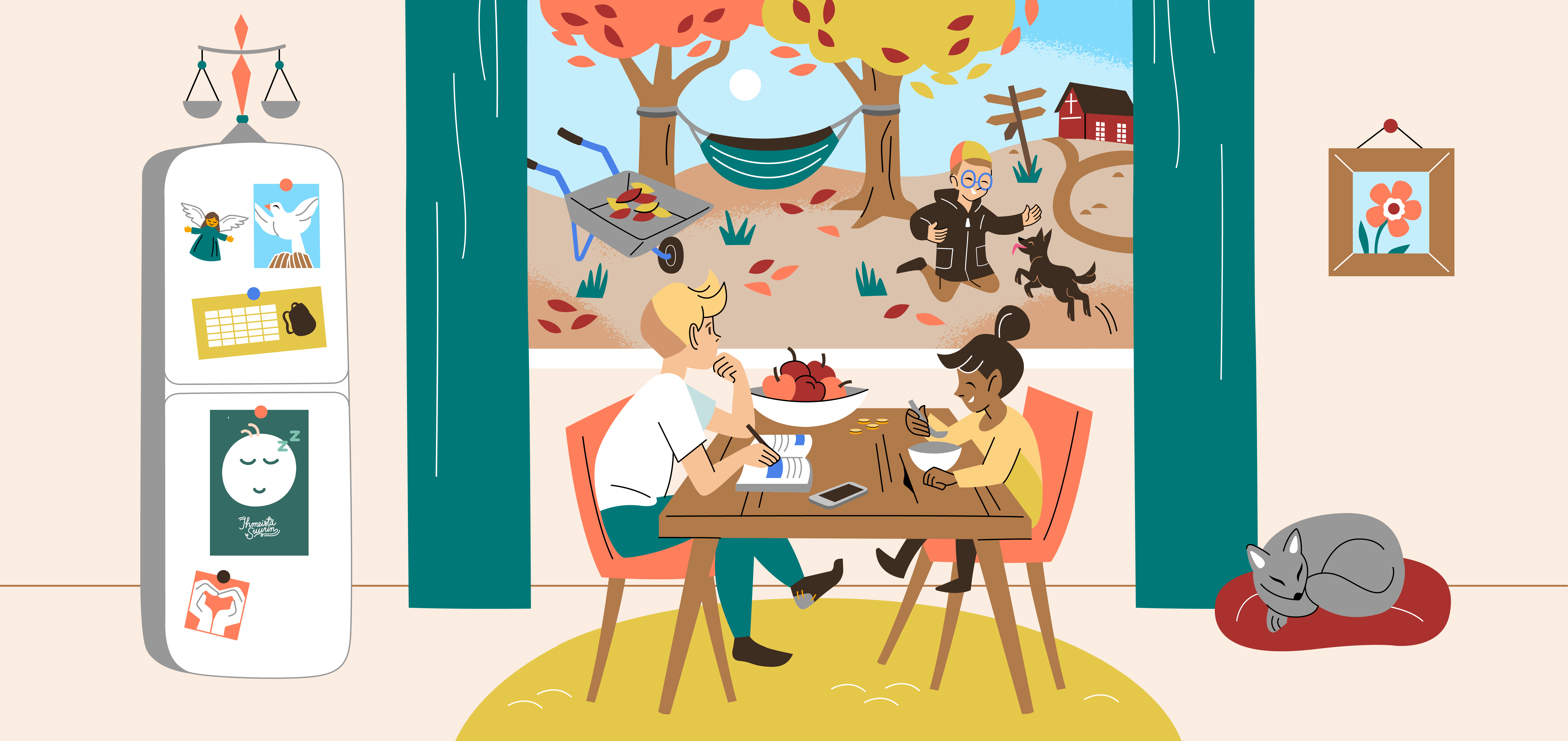 Lapsi ja nuori istuvat pöydän ääressä. Ikkunasta näkyy syksyinen maisema.