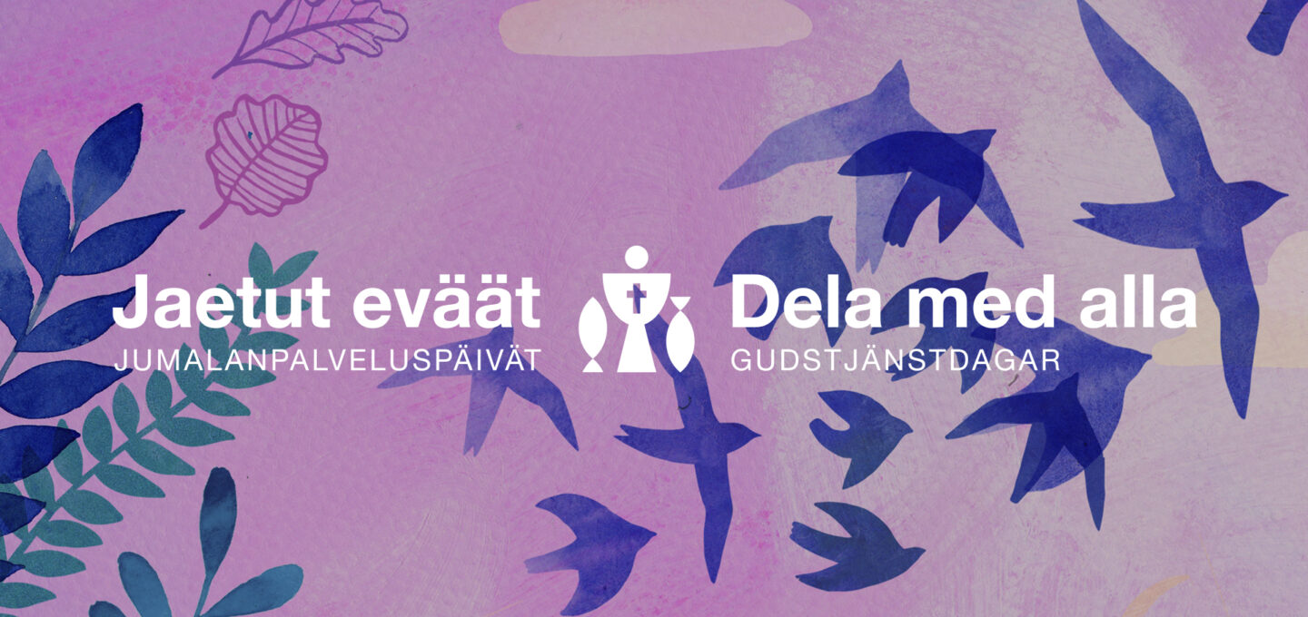 Teksti Jaetut eväät Dela med alla. Taustallla piirrettyjä lintuja violetilla pohjalla.