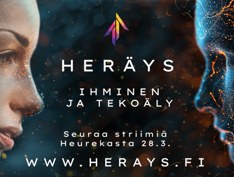 Heräys - ihminen ja tekoäly. Kuvassa kahdet kasvot.